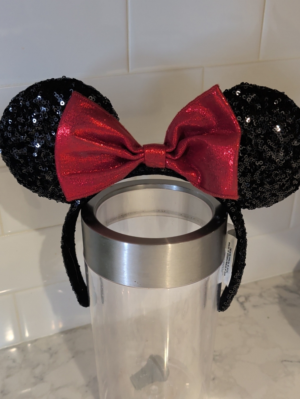 Black Sequin Minnie Ear Headband with Red Glitter Bow Disney Ears